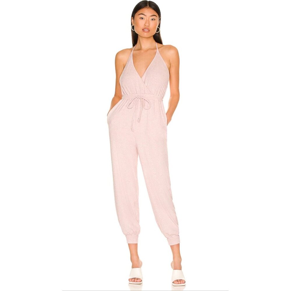 Majorelle Womens Ribbed Knit Halter Jumpsuit XS Blush Pink Soft Chic Loungewear